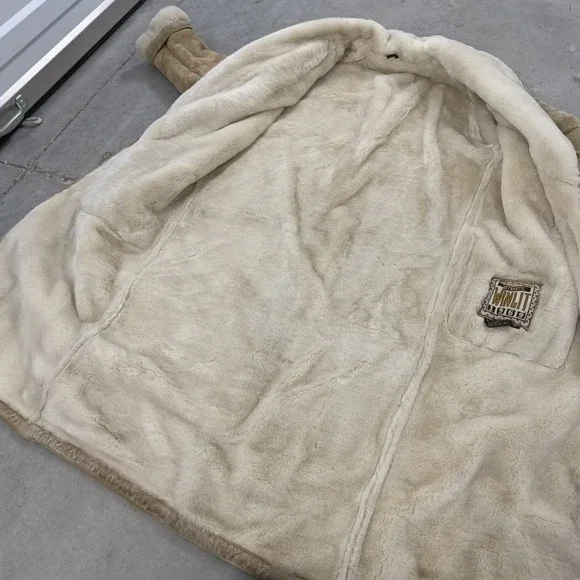 Vintage Tan Suede Shearling Coat Long Faux Fur Trim Toggle Jacket Tan Cream - Picture 4 of 10
